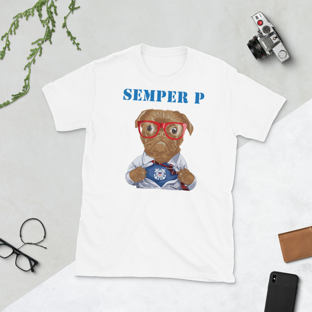 USCG ODU Semper P - Brown Pug - Short-Sleeve Unisex T-Shirt - White/Gray/Navy