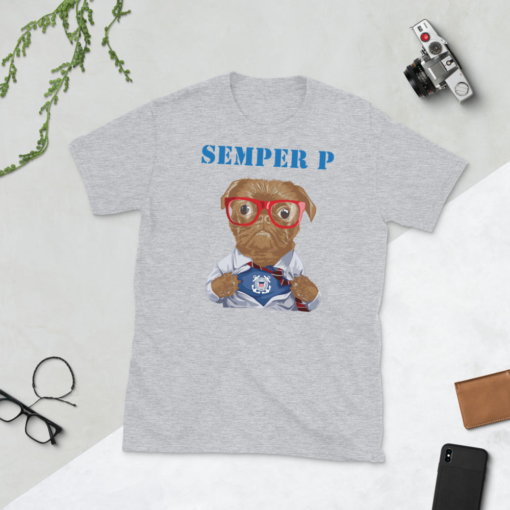 USCG ODU Semper P - Brown Pug - Short-Sleeve Unisex T-Shirt - White/Gray/Navy